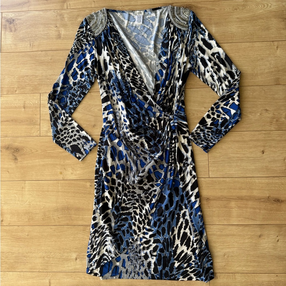 Vintage Cache Dress Blue Animal Print Faux Wrap Beaded Shoulder Bodycon L